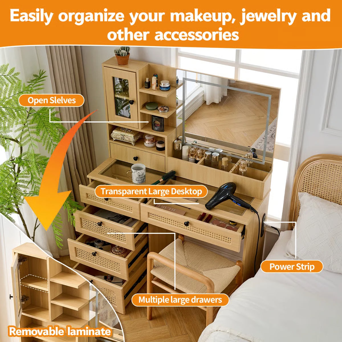 Wooden Rattan Makeup Vanity – LED Mirror with 3 Light Modes, 6 Drawers & Charging Port -OUCH CART|Dressing table