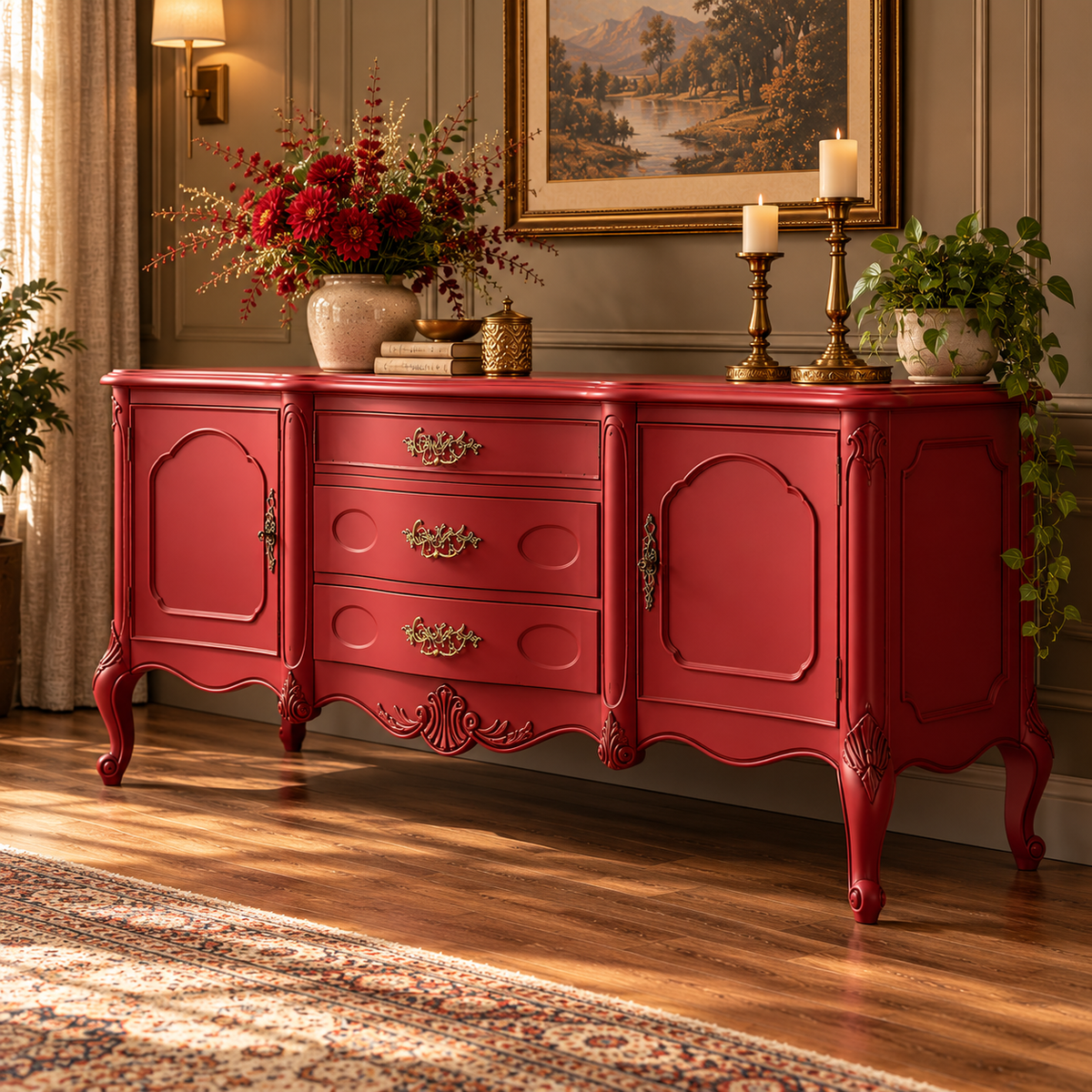 Red Vintage Wooden Sideboard Cabinet with 2 Doors & 3 Drawers French Provincial Antique-Style Furniture