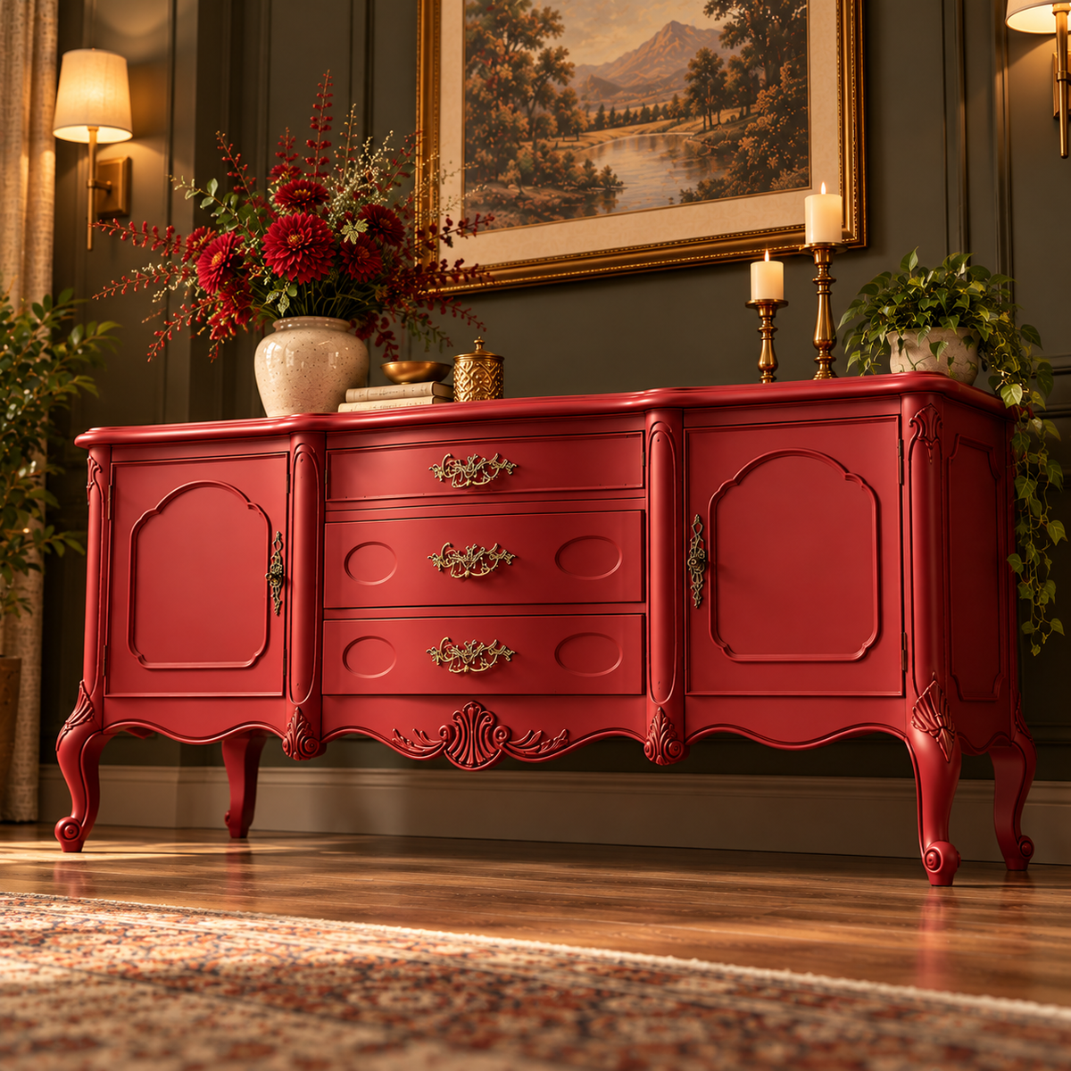 Red Vintage Wooden Sideboard Cabinet with 2 Doors & 3 Drawers French Provincial Antique-Style Furniture