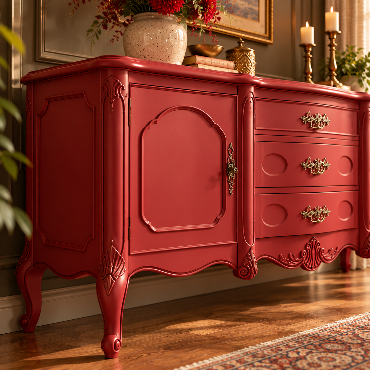 Red Vintage Wooden Sideboard Cabinet with 2 Doors & 3 Drawers French Provincial Antique-Style Furniture