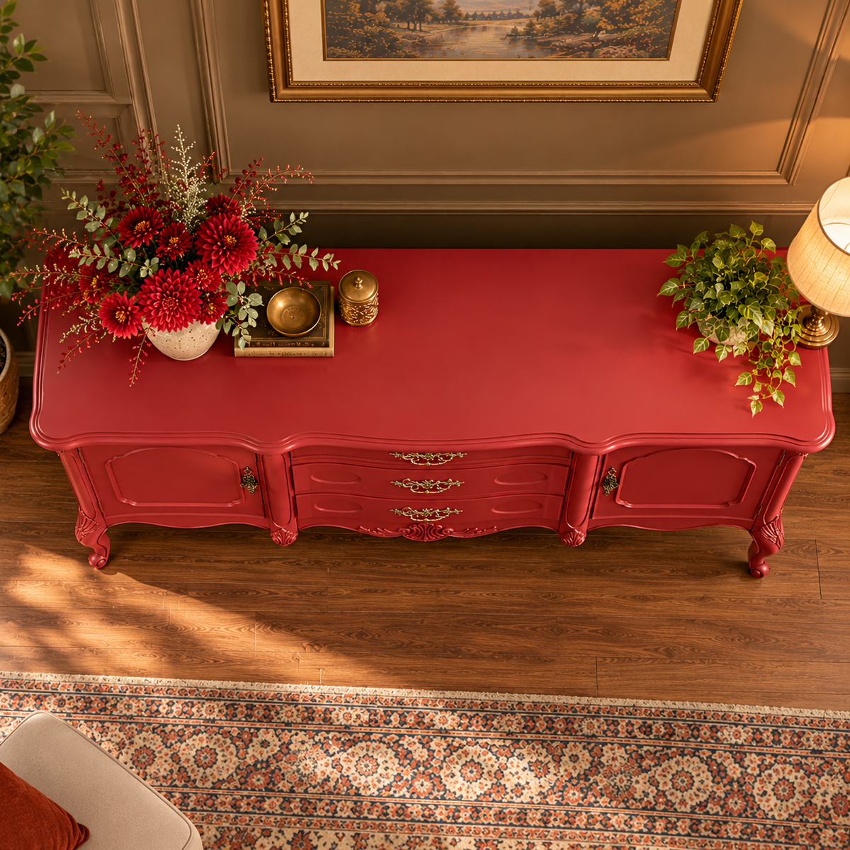 Red Vintage Wooden Sideboard Cabinet with 2 Doors & 3 Drawers French Provincial Antique-Style Furniture