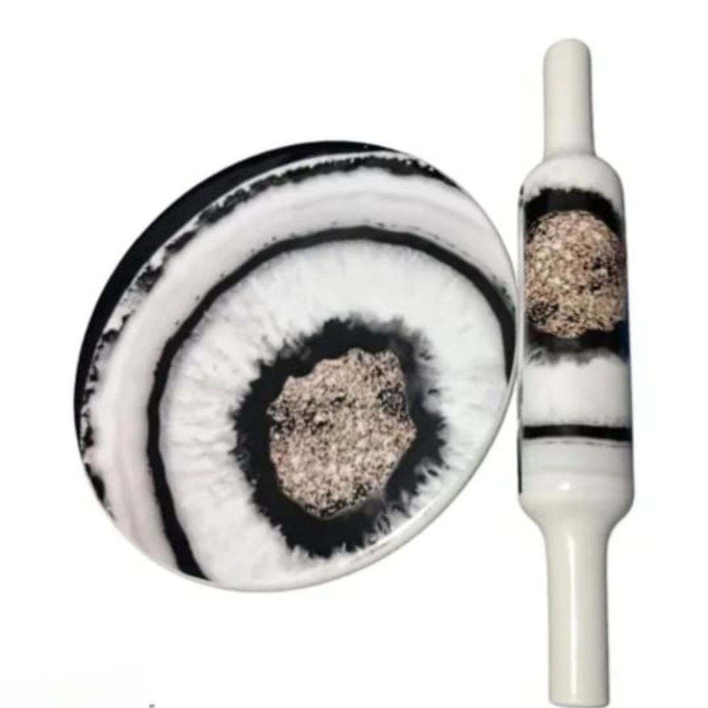 Handicrafts Premium Handcrafted Marble Chakla Belan Set Traditional Rolling Board & Pin 30 cm Diameter Pack of 1 (White and Black