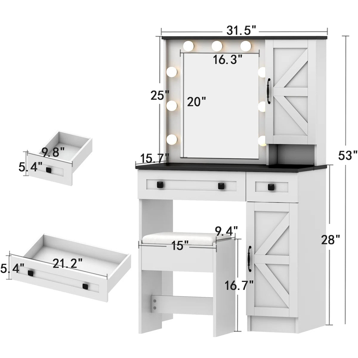 Rontae 31.5" White Makeup Vanity Desk with Drawers and Built-In Power Outlet