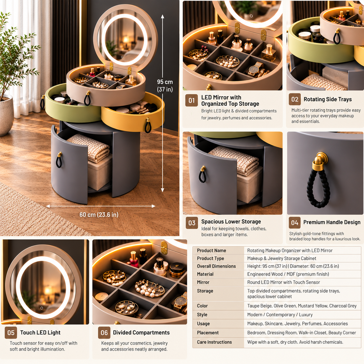 Rotating Makeup Organizer with LED Mirror Multi-Tier Vanity Storage Cabinet for Makeup, Jewelry & Accessories