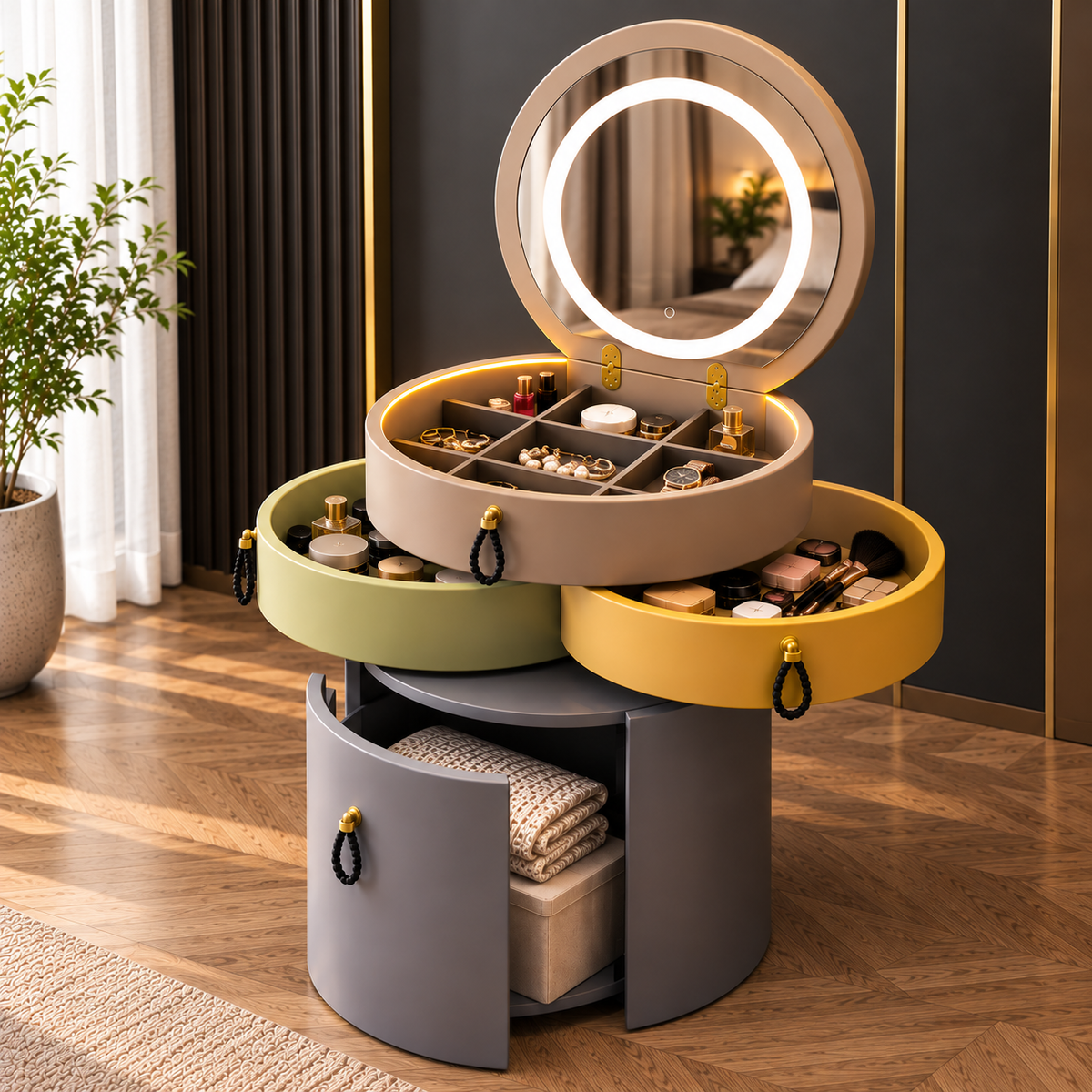 Rotating Makeup Organizer with LED Mirror Multi-Tier Vanity Storage Cabinet for Makeup, Jewelry & Accessories