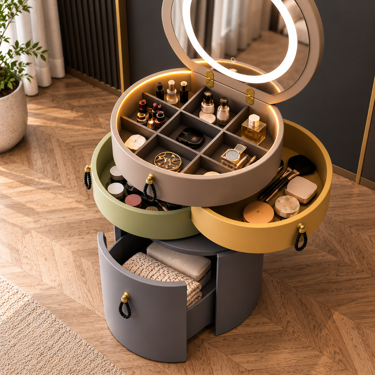 Rotating Makeup Organizer with LED Mirror Multi-Tier Vanity Storage Cabinet for Makeup, Jewelry & Accessories