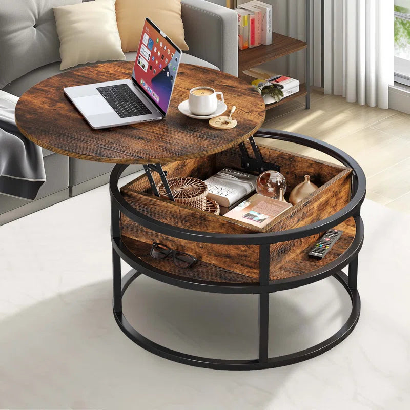 Lift Top Extendable Round Frame Coffee Table with Storage