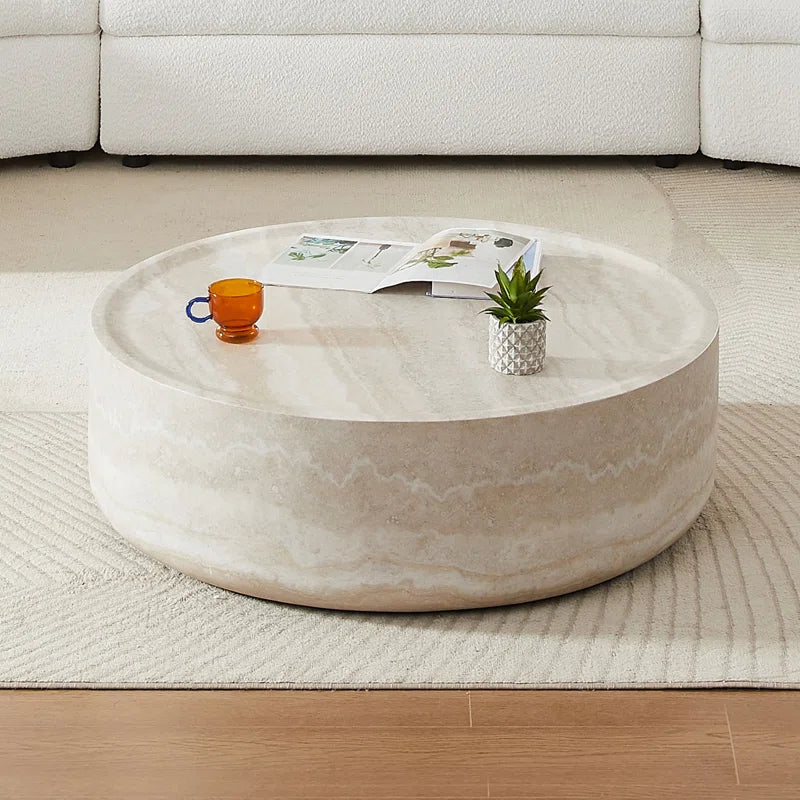 Modern Round Fiberglass Coffee Table with Faux Marble Finish | Luxury Drum-Shaped Center Table for Living Room