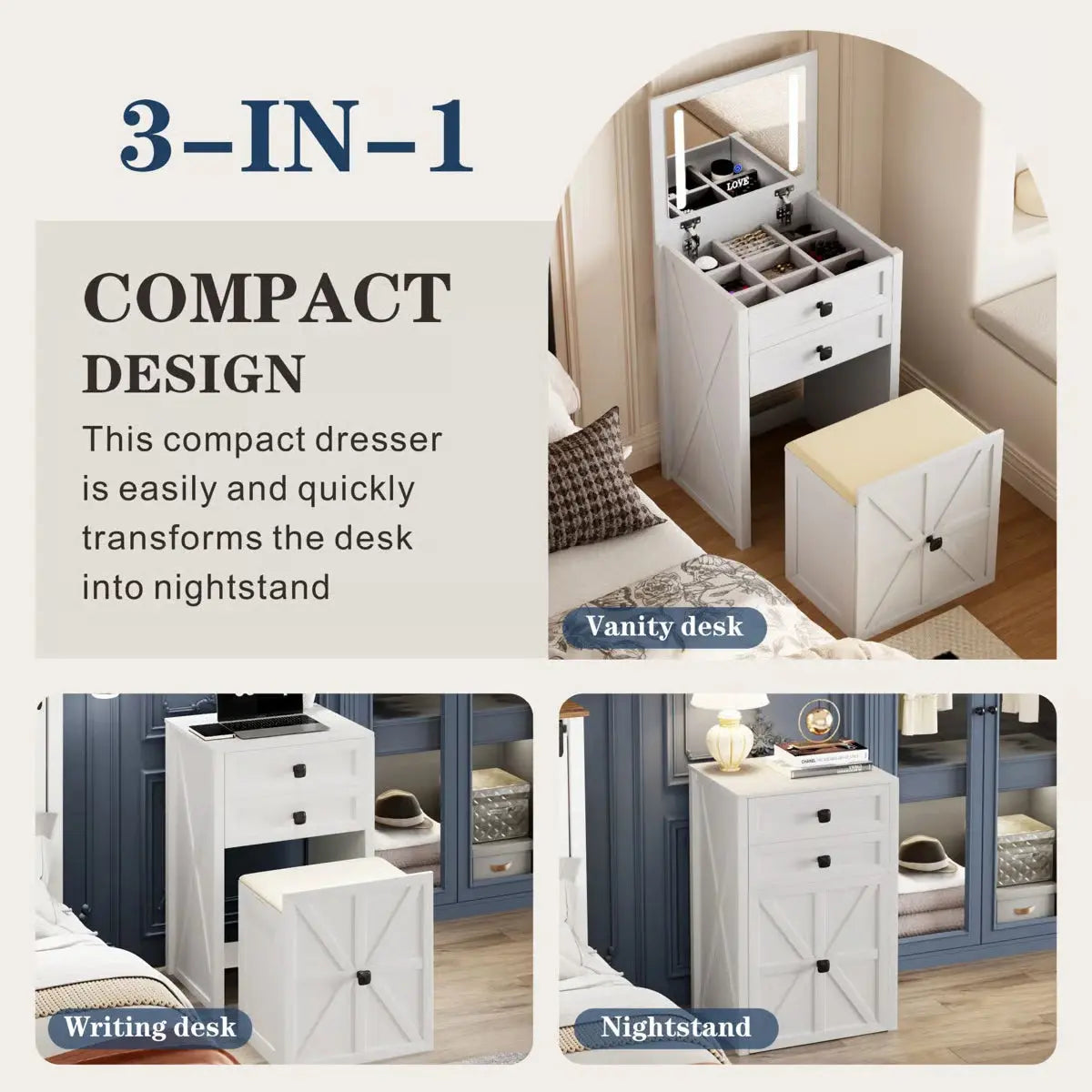 Rozelle Modern Vanity Table for Bedroom with Storage and Mirror