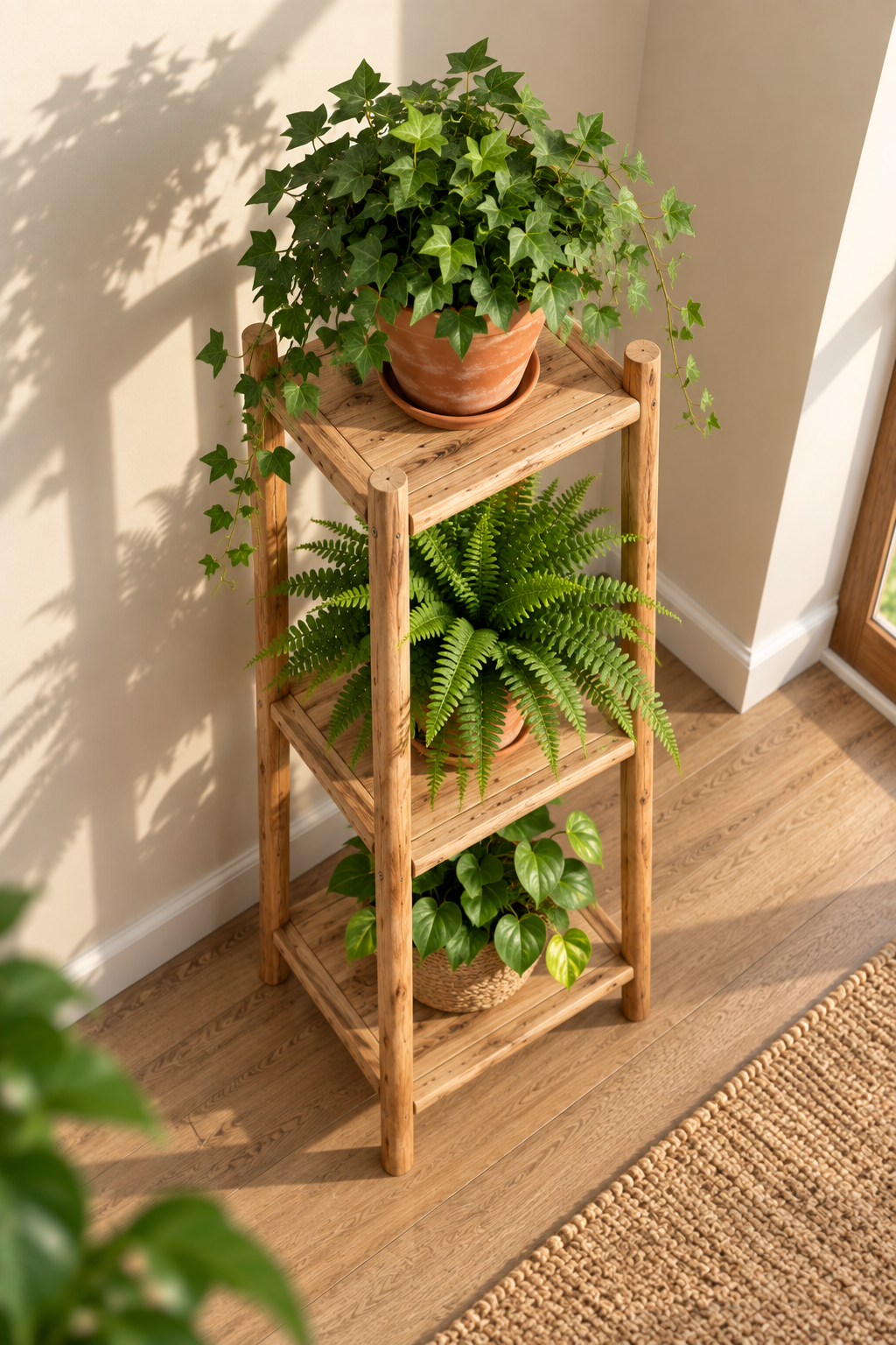 Rustic Wooden Plant Stand for Indoor Plants | 3-Tier Multi-Level Plant Shelf for Living Room, Balcony & Small Spaces OUCH CART