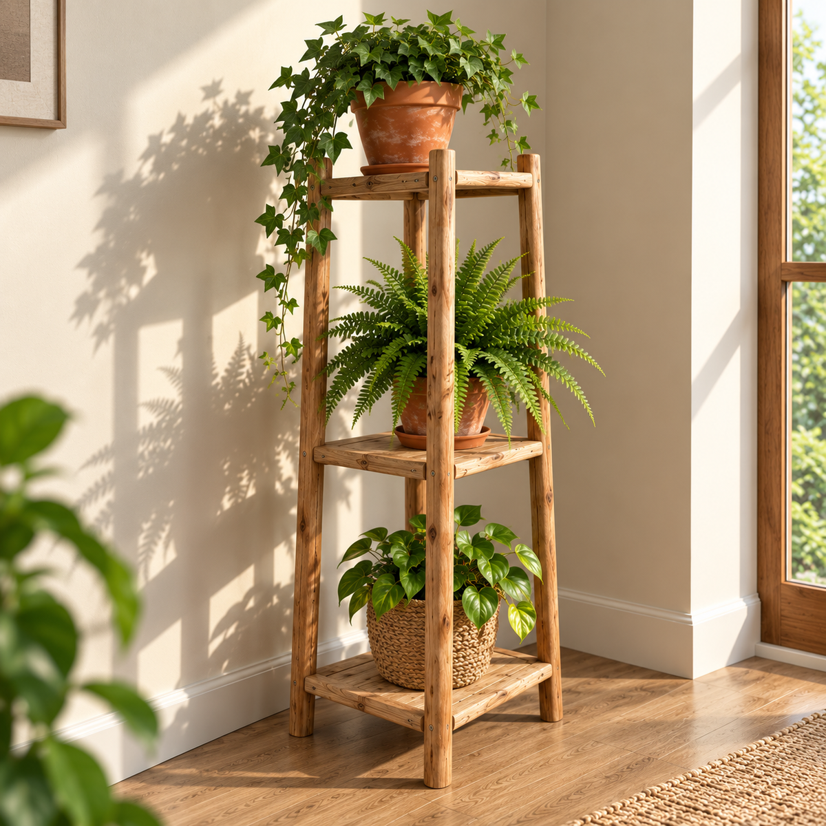 Rustic Wooden Plant Stand for Indoor Plants | 3-Tier Multi-Level Plant Shelf for Living Room, Balcony & Small Spaces OUCH CART