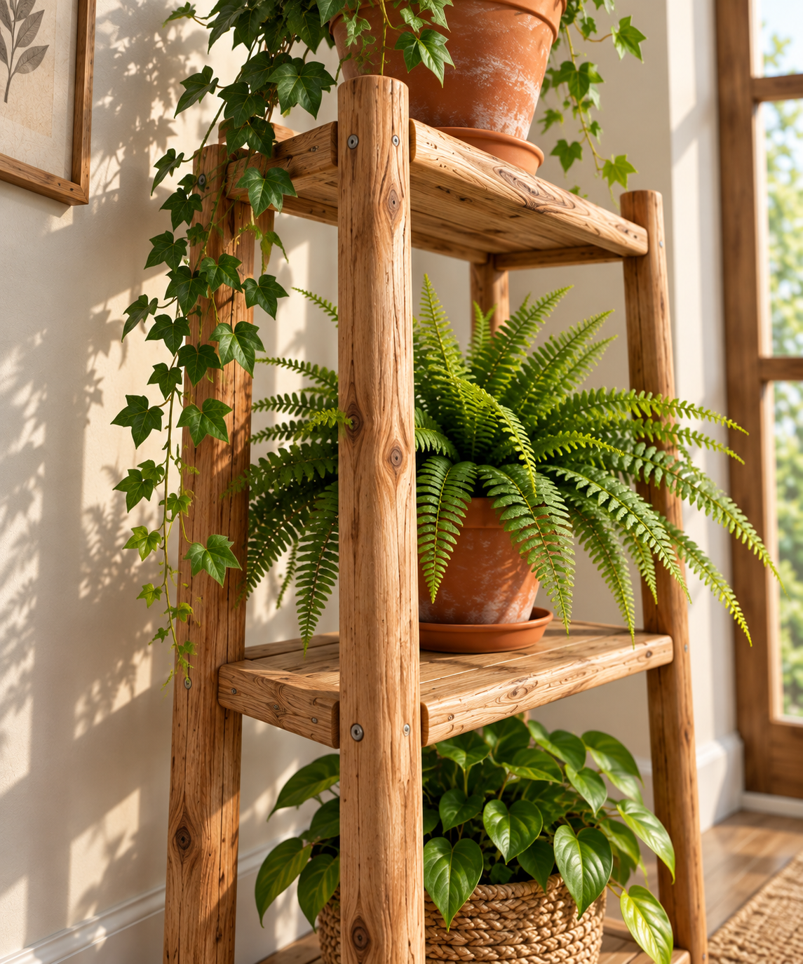 Rustic Wooden Plant Stand for Indoor Plants | 3-Tier Multi-Level Plant Shelf for Living Room, Balcony & Small Spaces OUCH CART