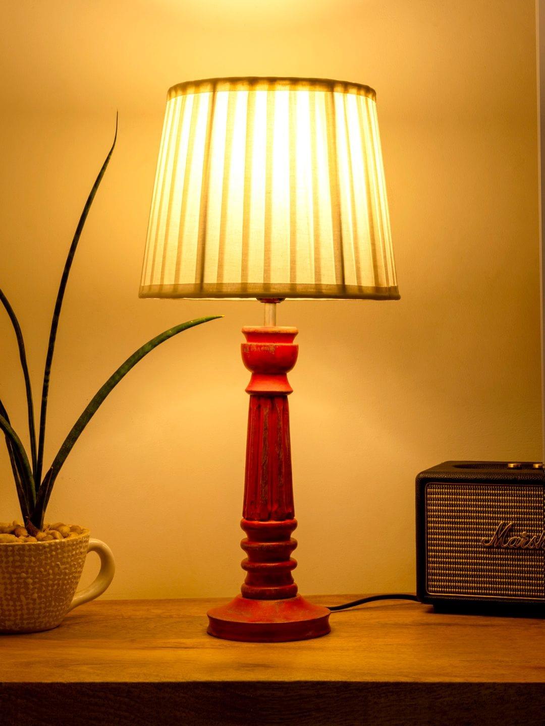 Wooden Pillar Pink lamp with pleeted White Soft Shade - Ouch Cart