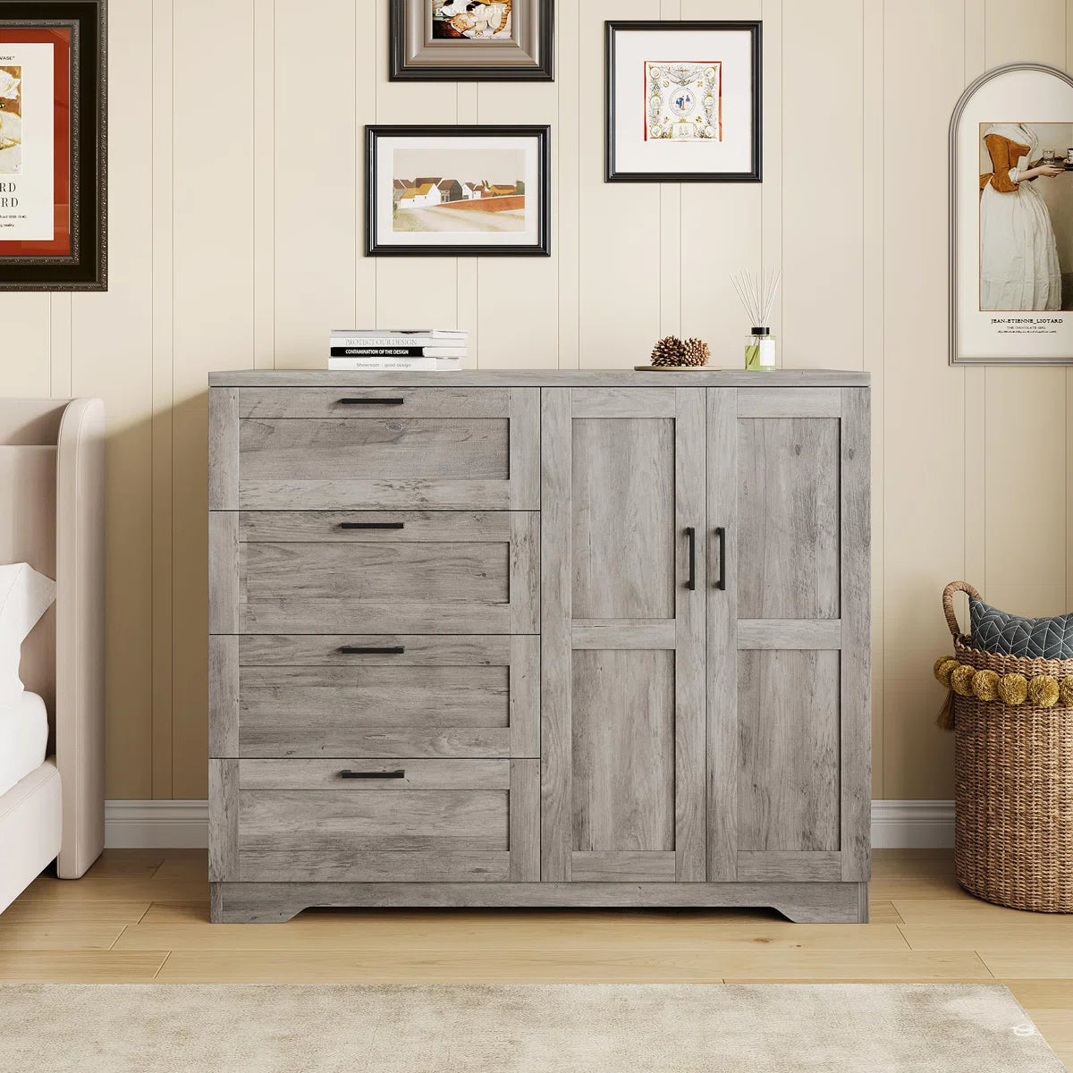 43.3" H Armoire Wardrobe Closet with 4 Drawers and 2 Doors, Hanging Rod, Multifunctional Wooden Dresser with Storage Closet, Bathroom Cabinet for Bedroom