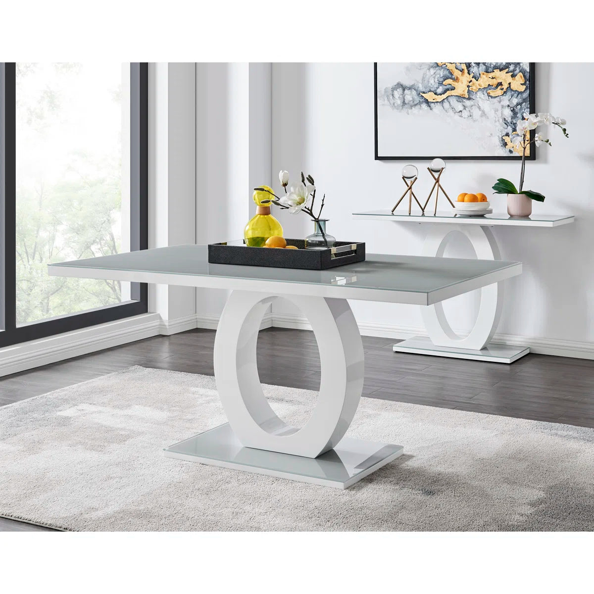 Scottsmoor Halo Dining Table Set in Modern High Gloss with 6 Luxury Velvet Dining Chairs