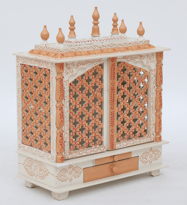White And Gold Mango Wood & MDF Pooja Mandir With Door, - Ouch Cart