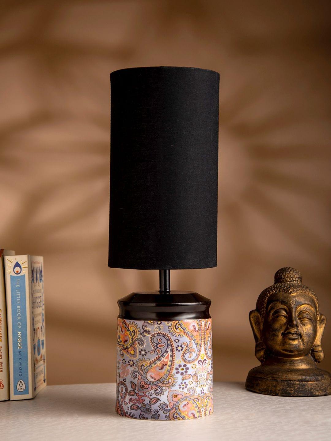 Metal Ambee printed Lamp with Solid Black Shade - Ouch Cart