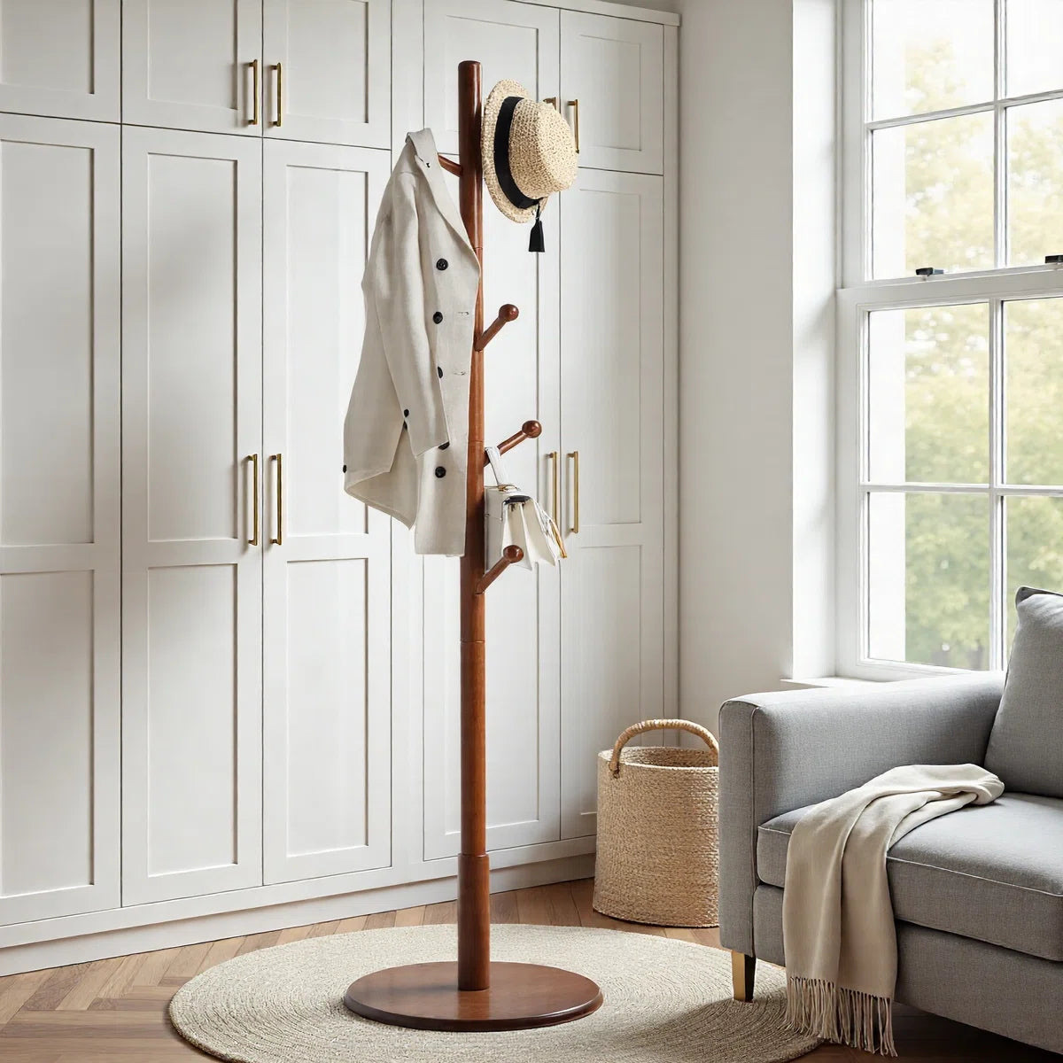 Ouch Cart Solid Wood 7-Hook Freestanding Coat Rack | Stylish Clothes & Hat Stand