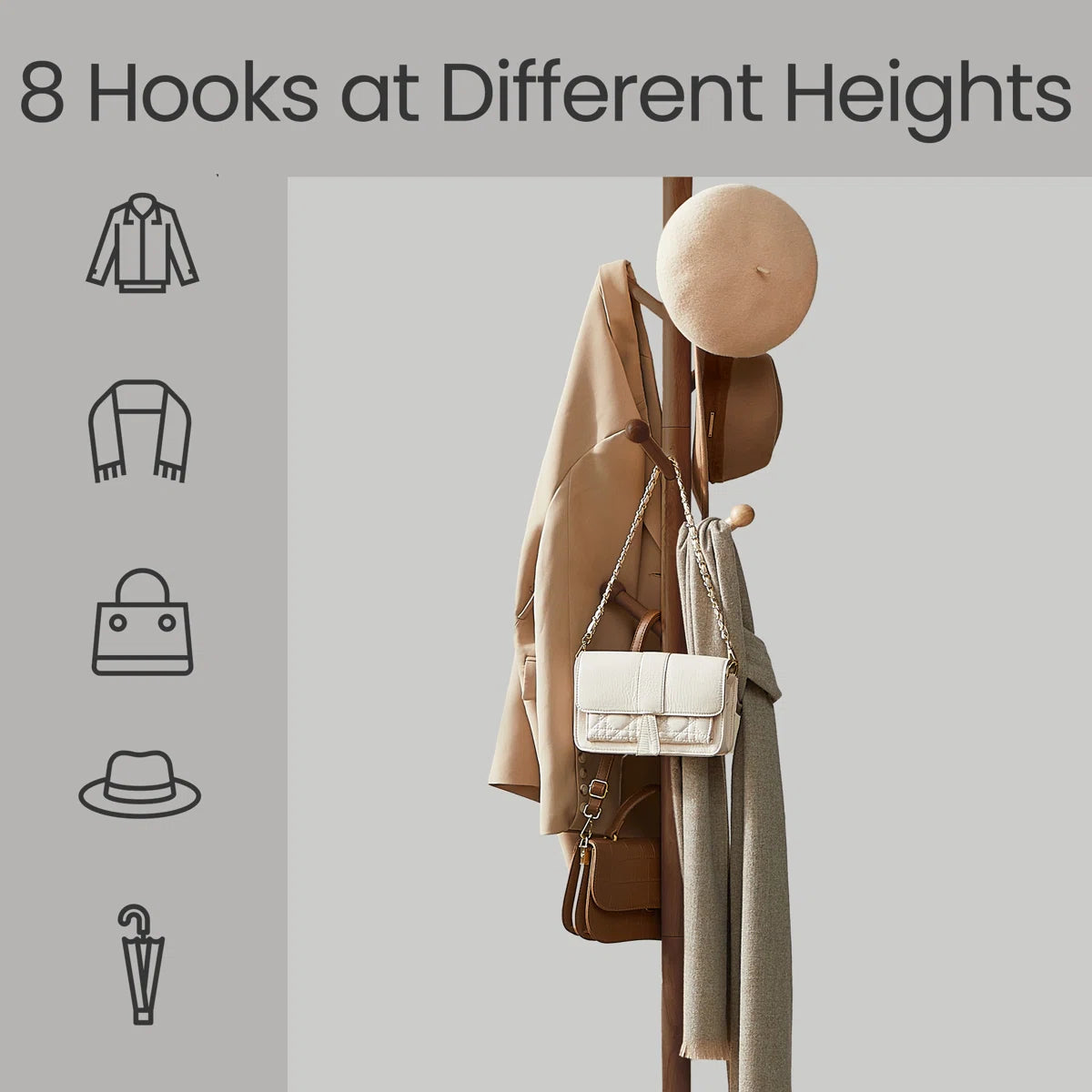Ouch Cart Solid Wood 7-Hook Freestanding Coat Rack | Stylish Clothes & Hat Stand