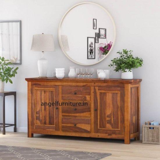 Solid Sheesham Wood Large Side Board with Three Drawer (Standard, Honey Finish) - Ouch Cart