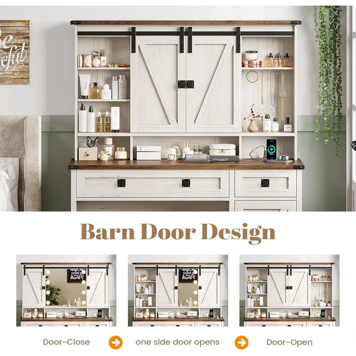 Shiala Farmhouse Makeup Vanity Table 41" with Mirror and Storage Cabinets for Bedroom
