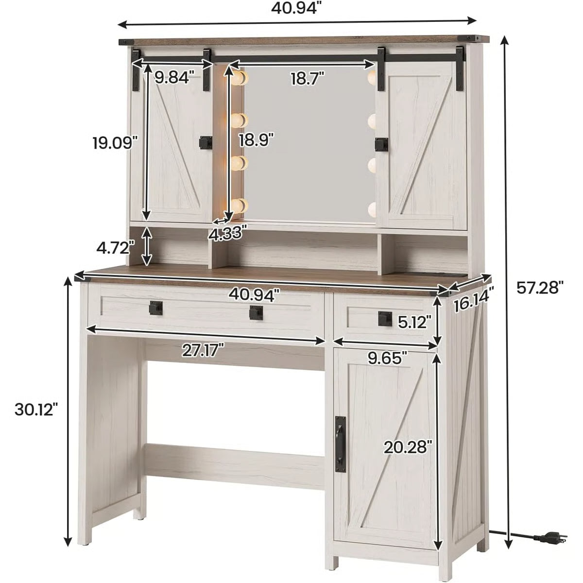 Shiala Farmhouse Makeup Vanity Table 41" with Mirror and Storage Cabinets for Bedroom