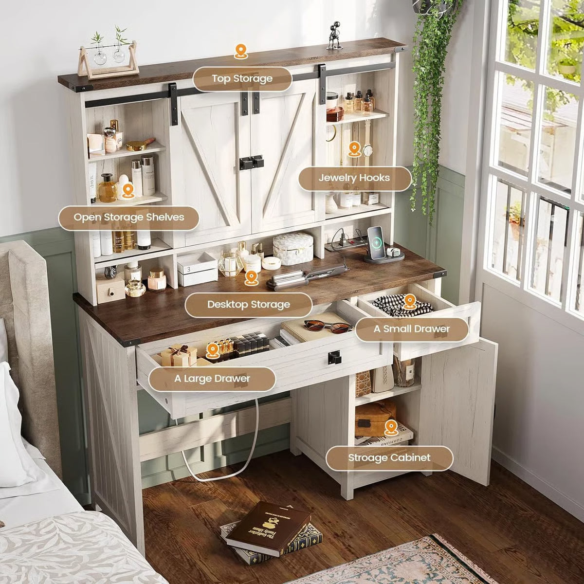 Shiala Farmhouse Makeup Vanity Table 41" with Mirror and Storage Cabinets for Bedroom- OUCH CART | Dressing table