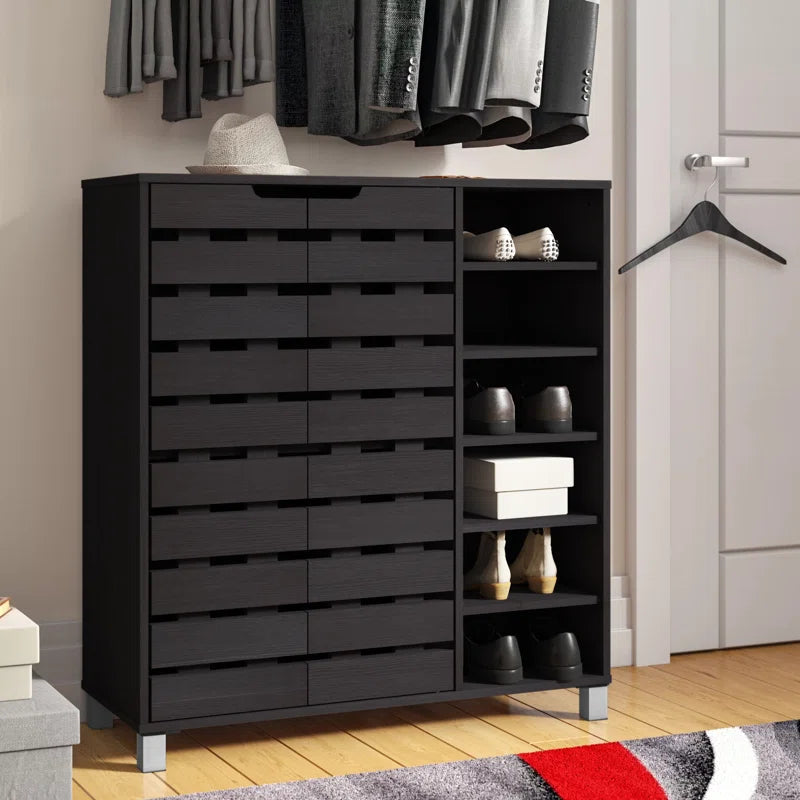 Modern and Contemporary 2 Door Wood 18 Pair Shoe Cabinet with Open Shelves ouch cart