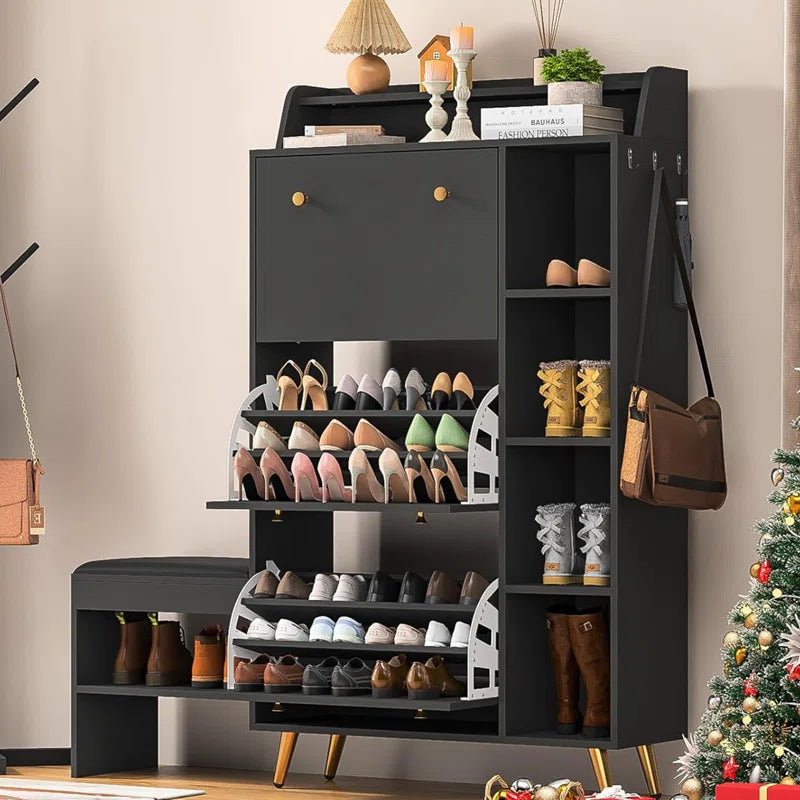 Cabinet With Upholstered Bench,Modern Shoe Storage Cabinet With 3 Flip Drawers,Narrow Shoe Rack