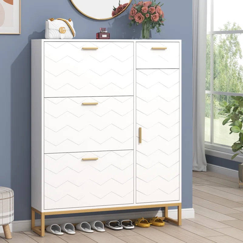 Free Standing Shoe Organizer with 3 Flip Drawers and Side Cabinet