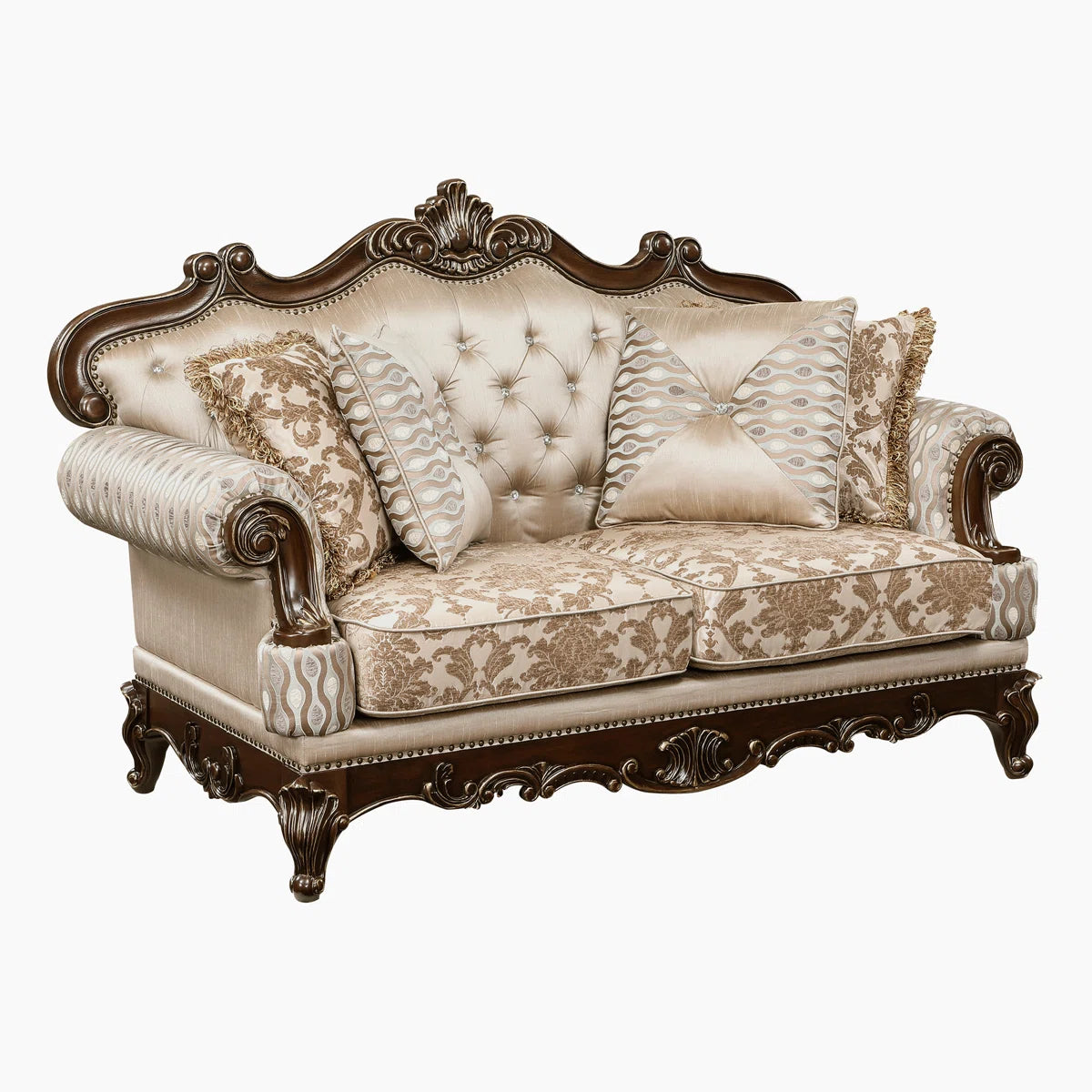 Shonta 69.5" Traditional Upholstered Loveseat - Chenille Loveseat with Faux Crystal Tufted Design, Elegant Nailhead Trim, Luxurious Chenille & Silk-like Fabric, Durable Wood Frame with Cherry & Gold Finish, Reversible Seat Cushions OUCH CART