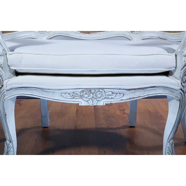 Hand-Carved Solid Mahogany Linen Armchair with Cane Back – Classic Antique Accent Chair