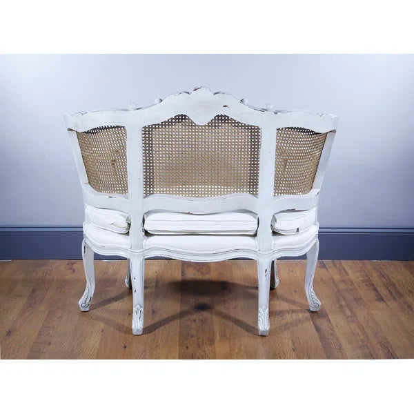 Hand-Carved Solid Mahogany Linen Armchair with Cane Back – Classic Antique Accent Chair