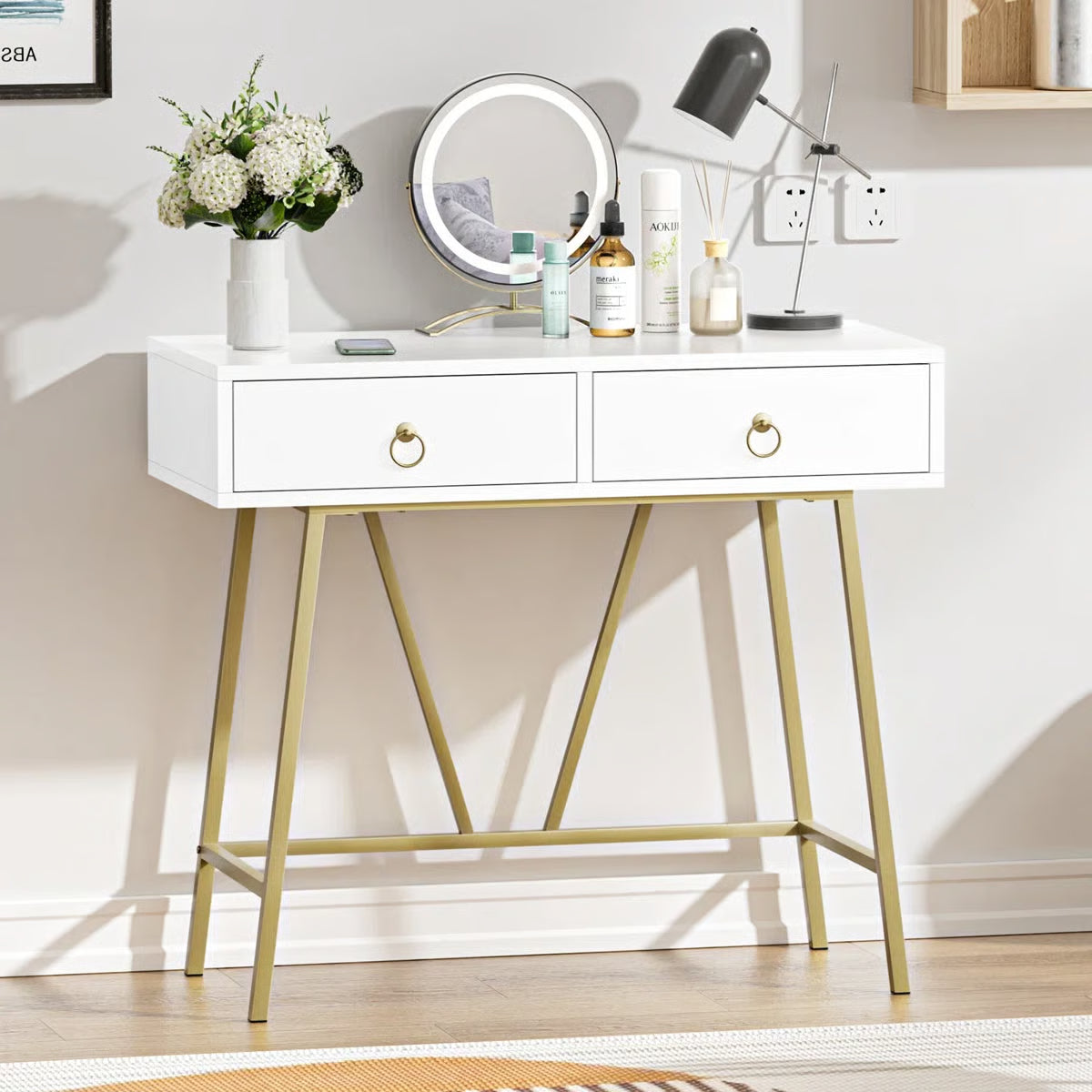 Siilata White Makeup Vanity Table with Storage Drawer and Writing Desk Function