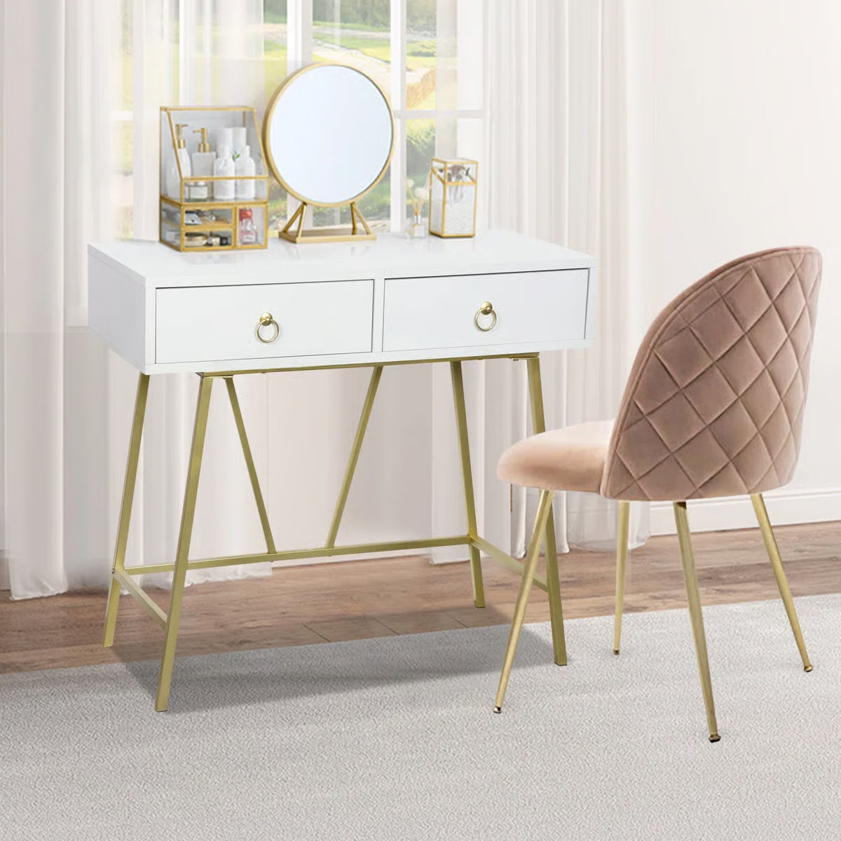 Siilata White Makeup Vanity Table with Storage Drawer and Writing Desk Function