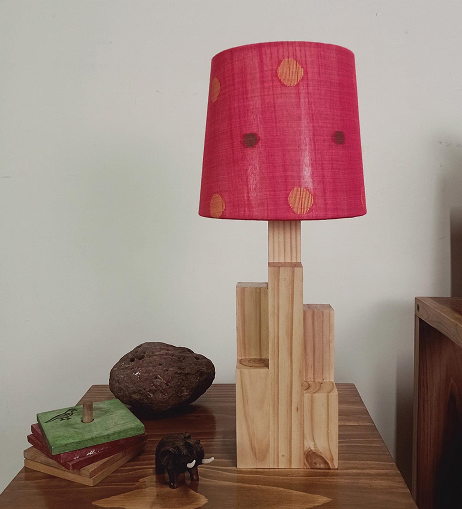 Skyline Beige Wooden Table Lamp with Red Printed Fabric Lampshade (BULB NOT INCLUDED) - Ouch Cart