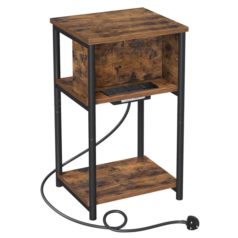 River Side Table With Charging Station, Narrow Bedside Table With 2 AC Outlets, 30 X 34 X 58 Cm, For Living Room, Bedroom, Rustic Brown And Black Ouch Cart