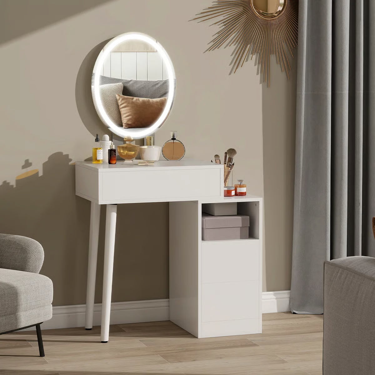 Small Vanity Table Set With Adjustable Brightness Mirror without Stool