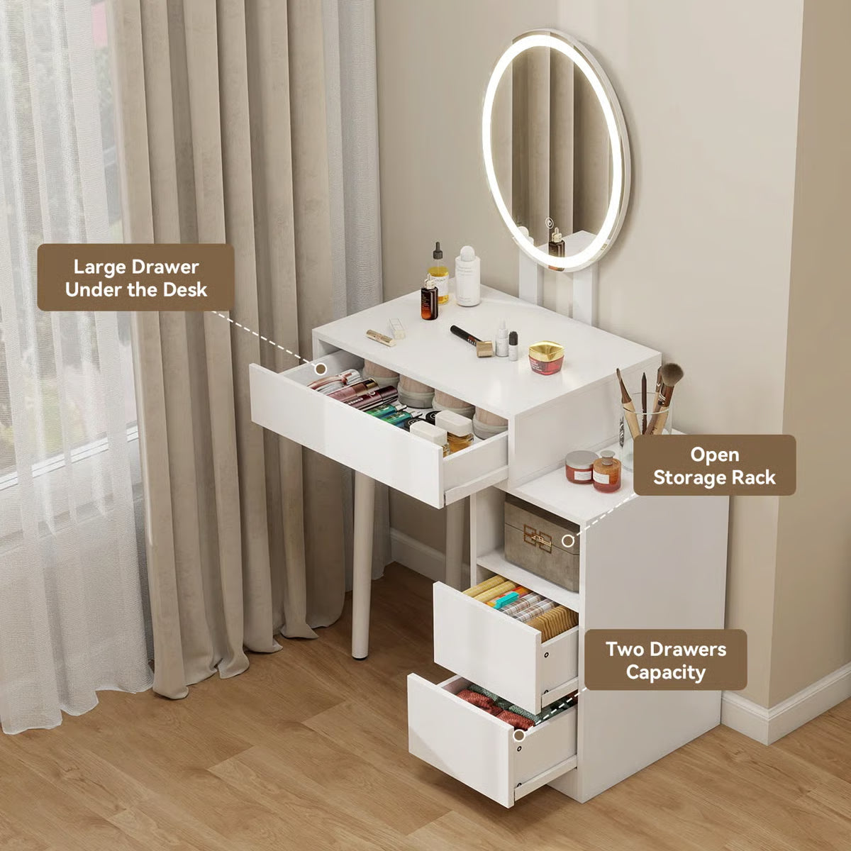 Small Vanity Table Set With Adjustable Brightness Mirror without Stool