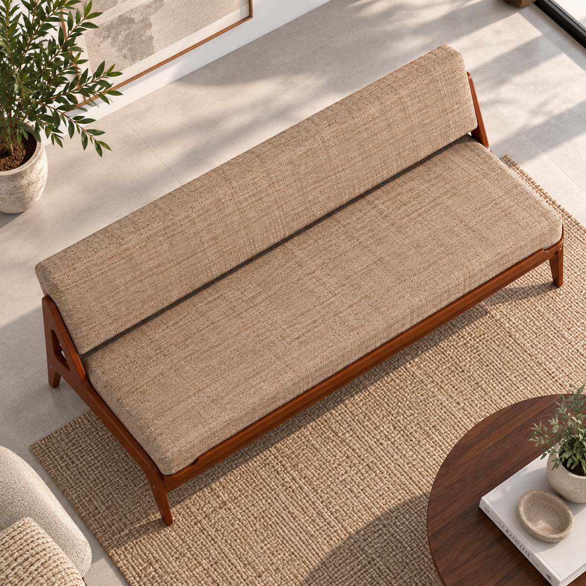 Solid Wood 3 Seater Sofa with Beige Upholstery | Mid-Century Modern Wooden Sofa with Sculpted A-Frame Legs for Living Room