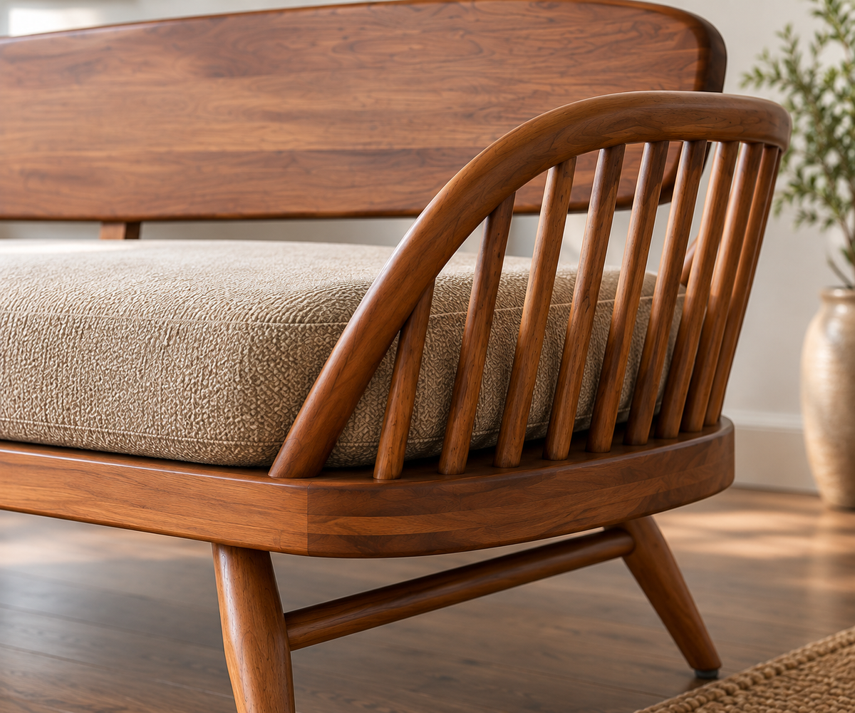 Solid Wood Mid-Century Modern Sofa 3 Seater Wooden Sofa with Cane Spindle Arms, Beige Cushion & Tapered Legs for Living Room