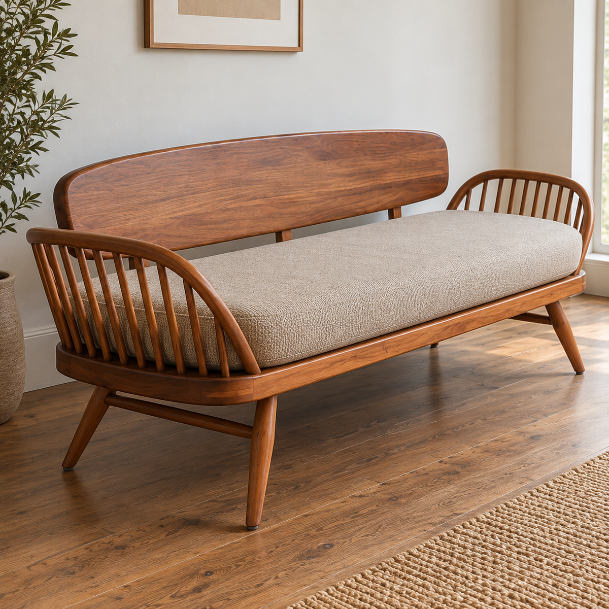 Solid Wood Mid-Century Modern Sofa 3 Seater Wooden Sofa with Cane Spindle Arms, Beige Cushion & Tapered Legs for Living Room
