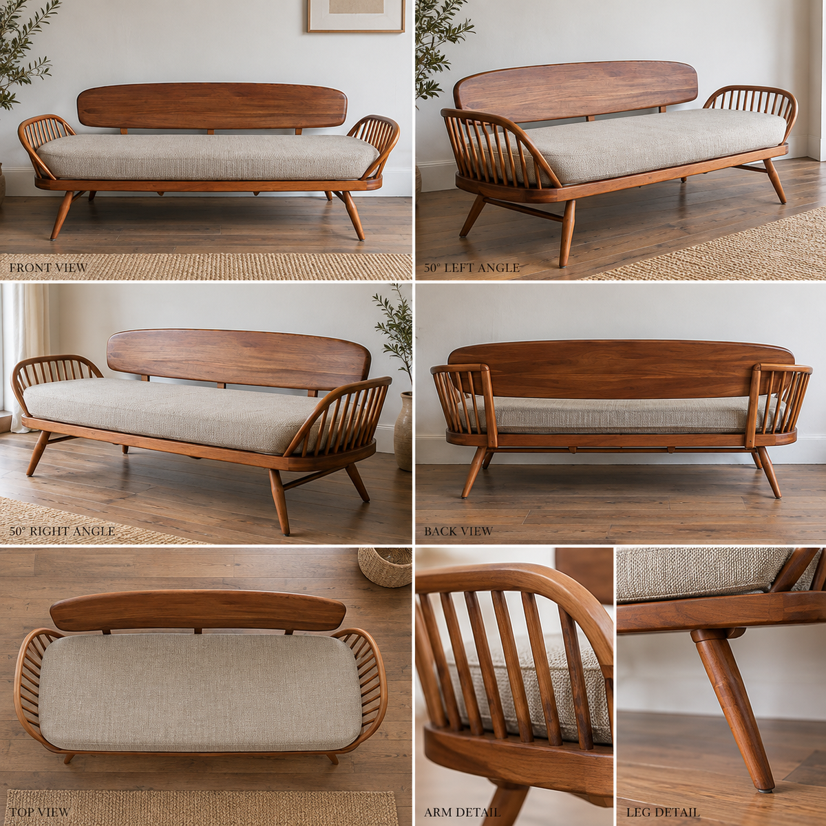 Solid Wood Mid-Century Modern Sofa 3 Seater Wooden Sofa with Cane Spindle Arms, Beige Cushion & Tapered Legs for Living Room