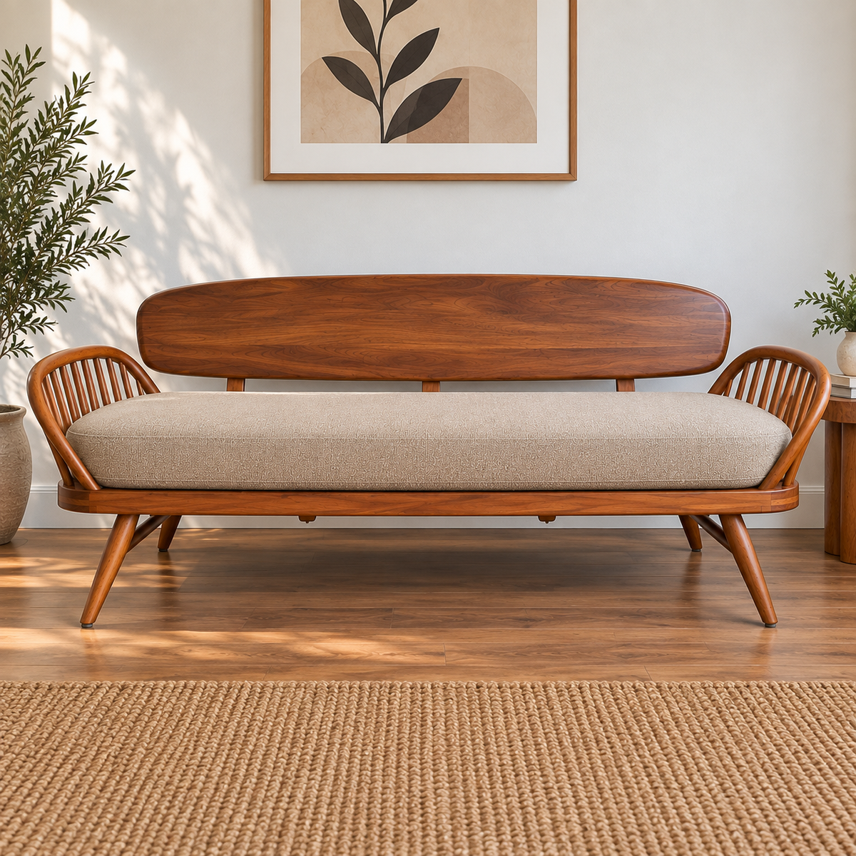 Solid Wood Mid-Century Modern Sofa 3 Seater Wooden Sofa with Cane Spindle Arms, Beige Cushion & Tapered Legs for Living Room