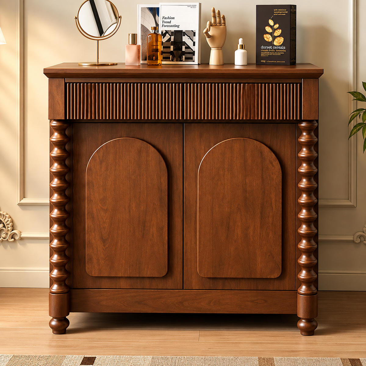 Solid Wood Storage Cabinet with 2 Doors, Fluted Front, Arched Panels & Carved Legs