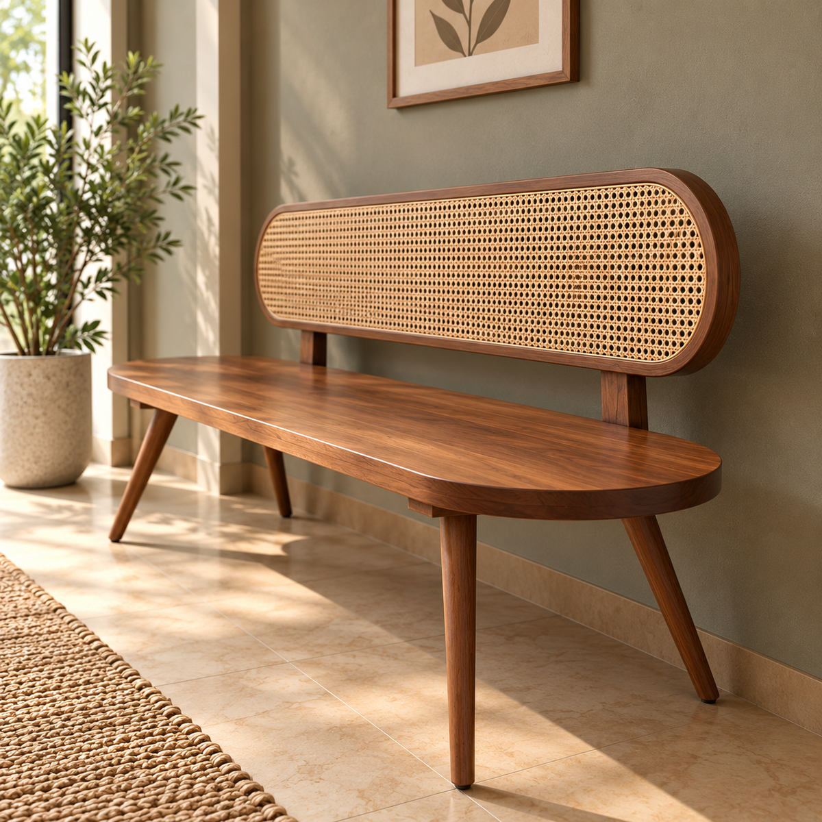 Solid Wooden Cane Bench for Living Room Mid-Century Modern 3 Seater Sofa Bench with Rattan Backrest, Walnut Finish & Tapered Legs
