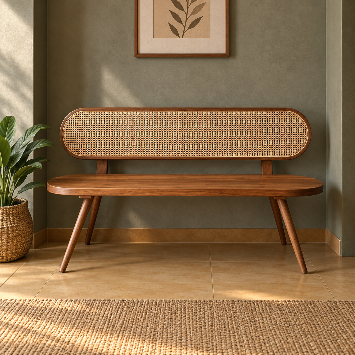 Solid Wooden Cane Bench for Living Room Mid-Century Modern 3 Seater Sofa Bench with Rattan Backrest, Walnut Finish & Tapered Legs