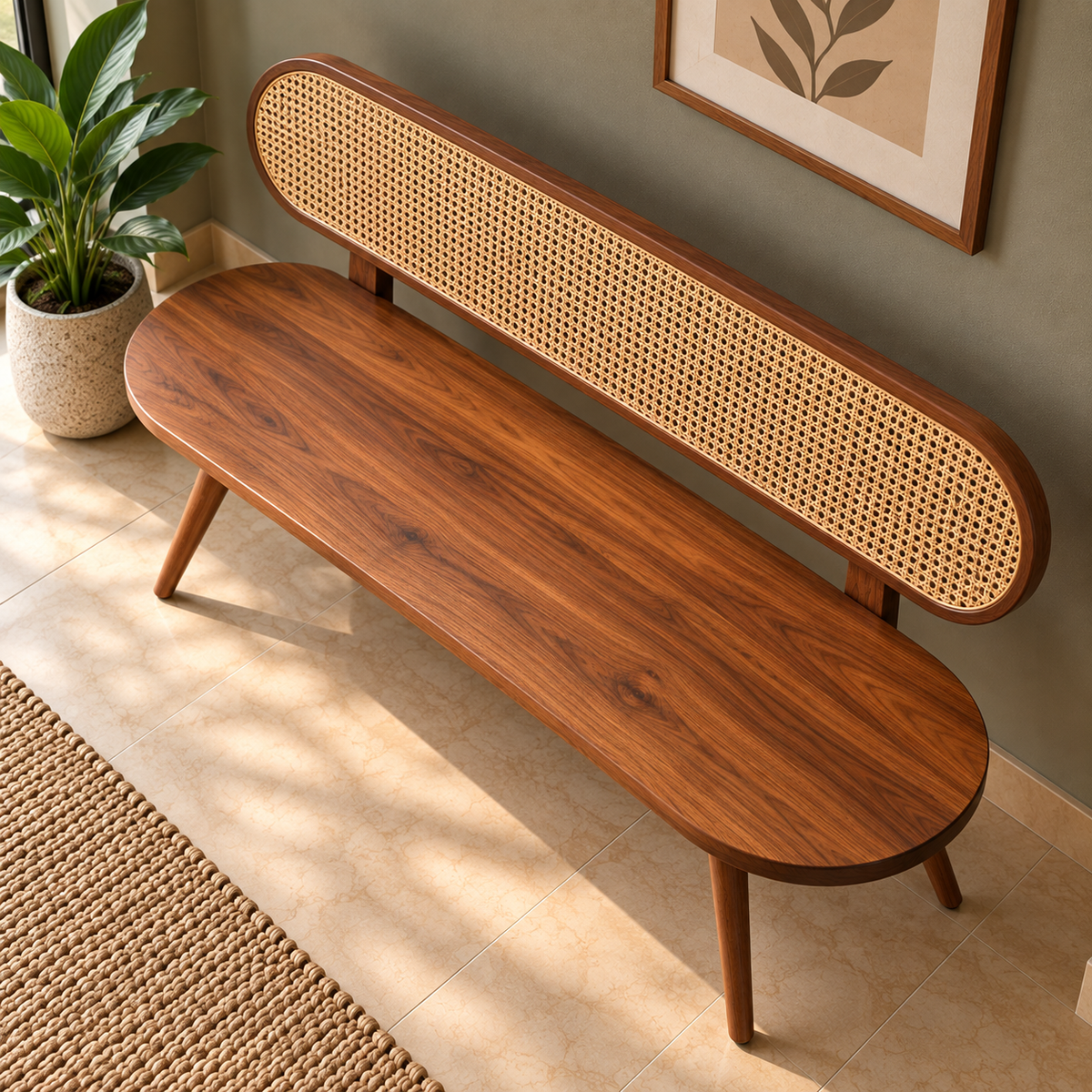 Solid Wooden Cane Bench for Living Room Mid-Century Modern 3 Seater Sofa Bench with Rattan Backrest, Walnut Finish & Tapered Legs