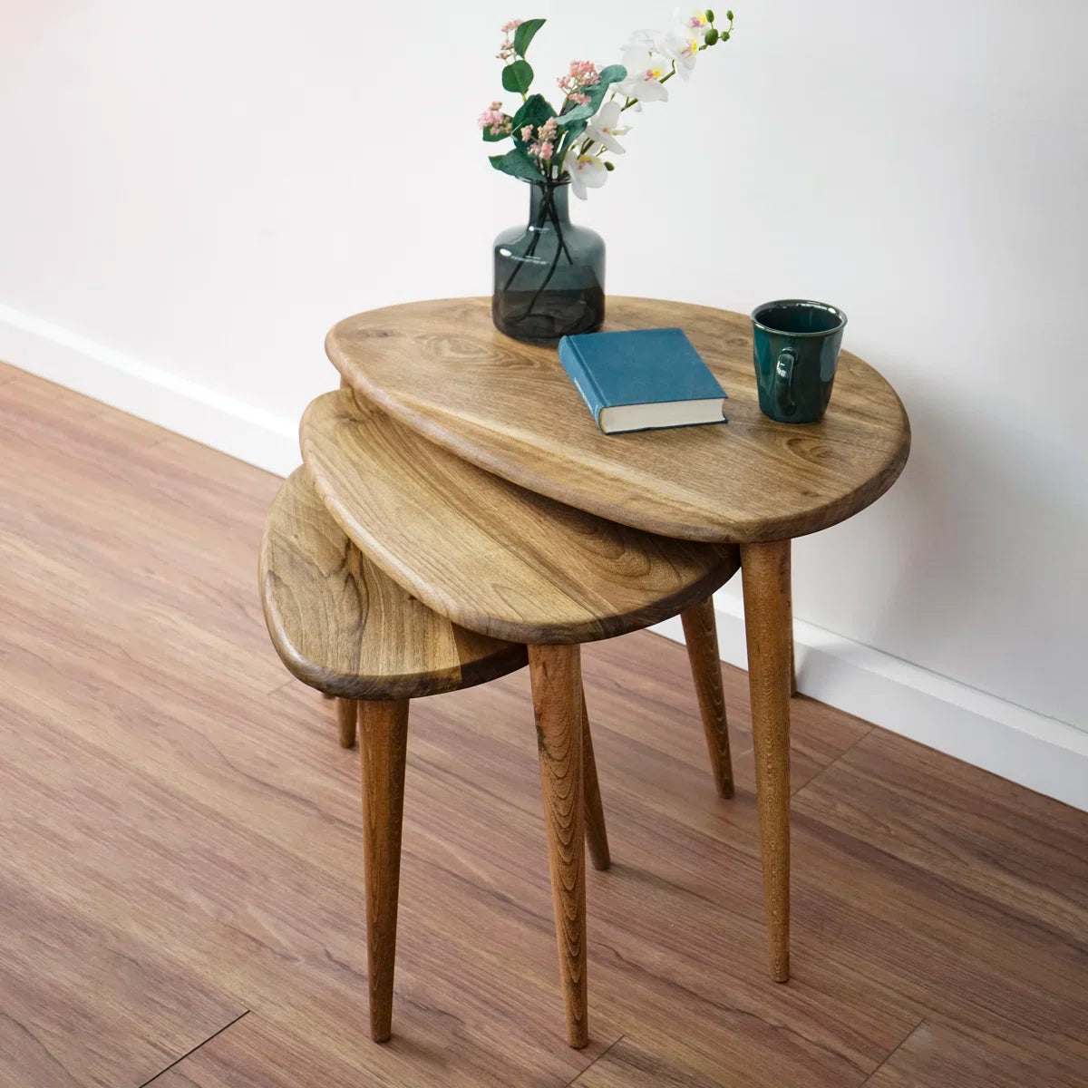 Solid Wood 3 Legs Nesting Tables -Walnut