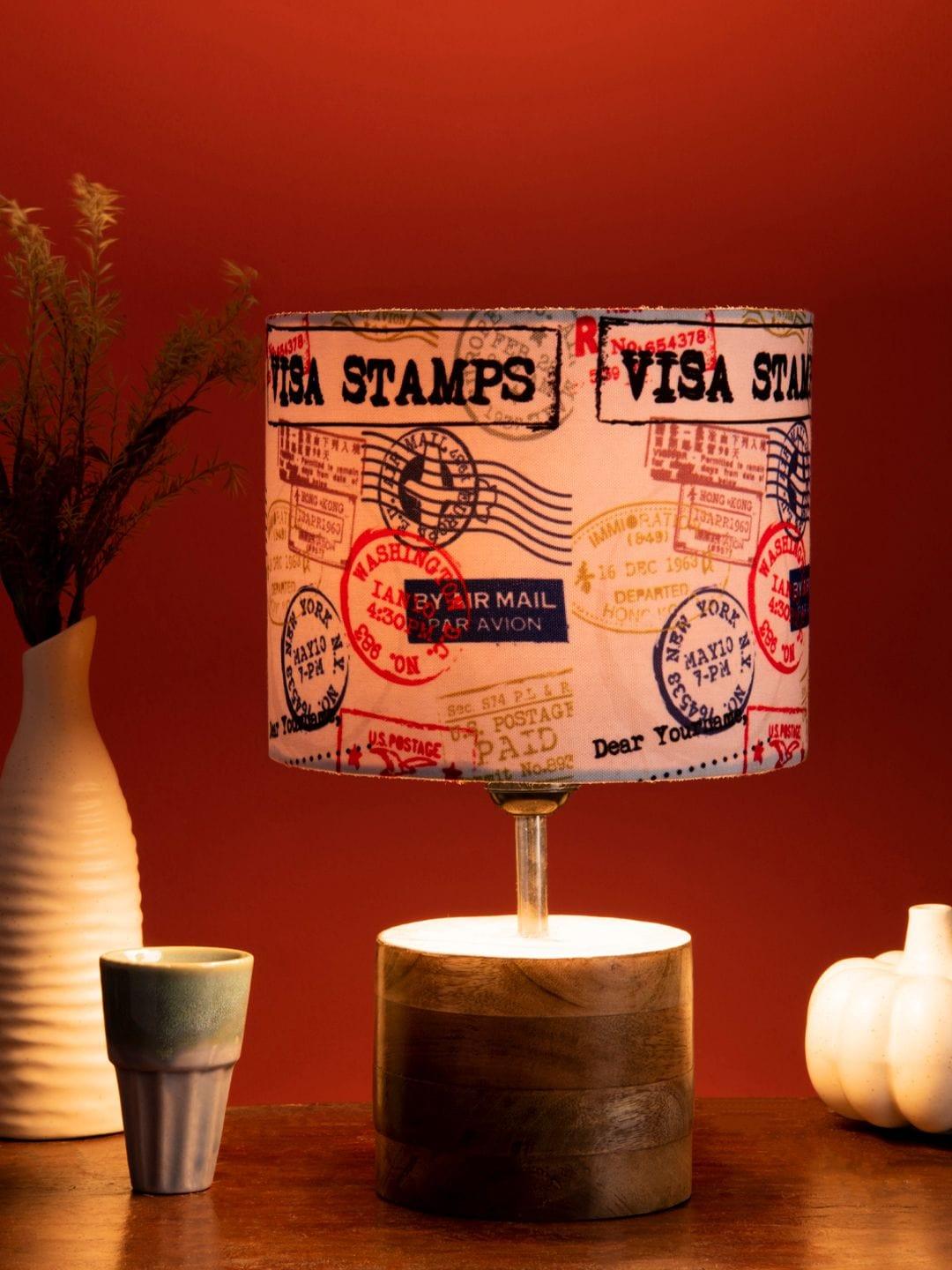 Wooden Brown Log Table Lamp with Multiple Stamps Shade - Ouch Cart
